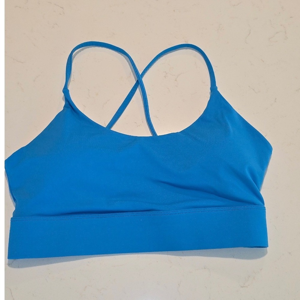 Running girl Free To Be Serene Sports Bra Blue Strappy Back Yoga Gym Top